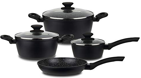 Linnuo 7tlg Alu Topf- und Pfannenset Induktion Antihaft Schwarz | 7-teiliges Kochgeschirr-Set (3 Töpfe mit Glasdeckel & 1 Pfanne). ILAG Ultimate Antihaftbeschichtung, PFOA-frei & robust