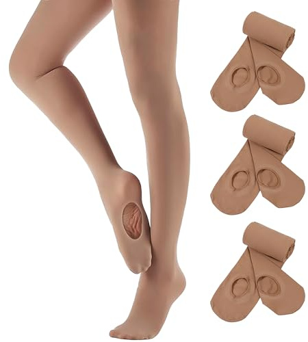 Girls Convertible Ballet Tight 3 Pairs High Elastic Transition Pro Dance Tights Ultra Soft Ballerina Tight Semi-opaque Knit Footed Legging Kid 5-7 Years