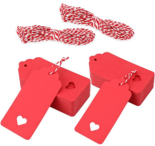 JijAcraft 100PCS Red Heart Gift Tags, 4.5CMX9.5CM Valentines Wedding Favour With Red and White String for Christmas Decorations
