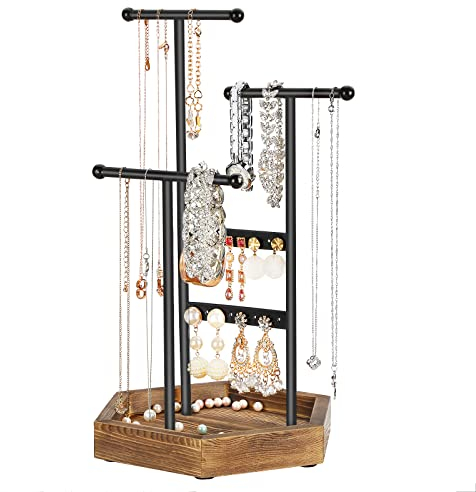SONGMICS Jewellery Stand, Jewellery Organiser, 4 Independent Zones, Jewellery Display Stand with Metal Frame, Earring Bracelet Necklace Holder, for Rings, Black and Caramel Brown JJS03CB