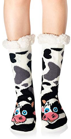 WOTENCE Chaussettes Antidérapantes Femme Chaud Fuzzy Doublé Mignon Animal Hiver Maison Pantoufle Chaussettes Cadeau De Noël (Vache)