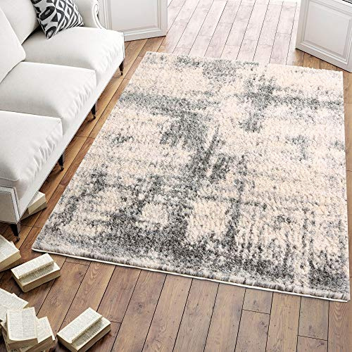 Carpeto Shaggy Hochflor Teppich Bettvorleger - für Wohnzimmer, Schlafzimmer, Esszimmer - Creme/Grau III - Weicher Modern Teppiche - Abstrakt Motiv - 80 x 150 cm