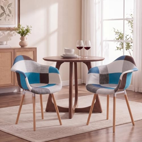 GrandCA HOME 2er-Set Sessel mit Patchwork-Stoffkissen Esszimmerstühle Holzbeine für Küche, Wohnzimmer,Blau A5
