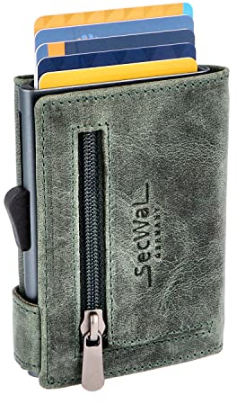 SecWal Kartenetui mit Münzfach Reißverschluss - Made in Germany - Echtleder Geldbörse inkl. E-Book für Damen und Herren - RFID Schutz Portemonnaie Leder - Geldbeutel klein (Hunter Grün)
