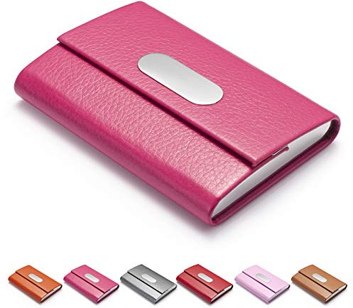 FACATH Visitenkartenhalter für Damen, PU-Leder & Edelstahl Visitenkartenhalter Brieftasche Kreditkarten Metallfach Visitenkartenträger mit Magnetverschluss - Rosenrot