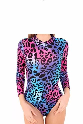 BODYWEAR LTD Damen-Body mit Rollkragen, langärmelig, Stretch, bedrucktes Gymnastikanzug, Neon Leopard, S-M
