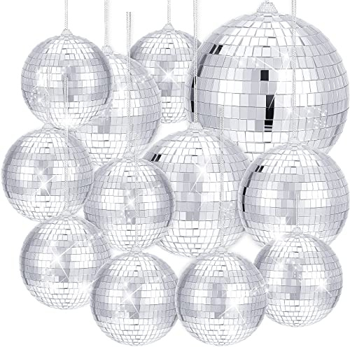 WILLBOND 12 Pack Disco Ball Mirror Ball with Hanging Ring for Fun Retro Disco Party Decorations Party Dj Lighting Effect Stage Props Game Accessories, 5.91, 3.94, 3.15, 2.36(Silver)