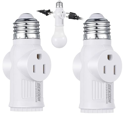 Feekoon 2 Pcs Light Socket to Plug Adapter, E26 Lamp Sockets Converter to 3-Prong Outlet & Bulb Holder, Screw-in Light Socket Adapter for Garage, Porch & Utility Areas (White)