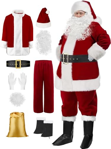 SOMOYA Men's Santa Costume Christmas Santa Claus Costume with Beards,Santa Suit Professional Deluxe Santa Outfit Set Plus Size 9 Pcs(XXX-Large, Burgundy)