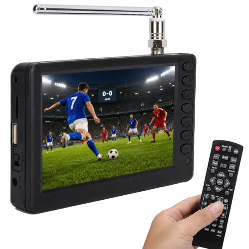Portable ATSC HD TFT LED Digital TV - 5 Mini TV with Remote Control, 1080P, Rechargeable Battery, USB & TF Card Support, for Car, Camping & Kitchen
