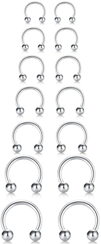 18G Horseshoe Septum Nose Nostril Ring Hoop, 7 Pairs Circular Curved Barbell Externally Threaded, Silver Small Body Piercing Jewelry Set for Lip Eyebrow Nipple Belly labret Daith Tragus Helix Cartilage Rook Multiple Piercing Smiley ( Ball 6MM - 14MM)