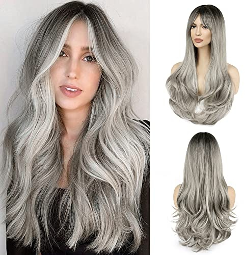FAELBATY Perücke mit langen Locken - Silbergrau mit Pony Ombre braun bis grau - Natürliche Perücke für Frauen und Mädchen - Party & Cosplay (24 RH6/171/grau)