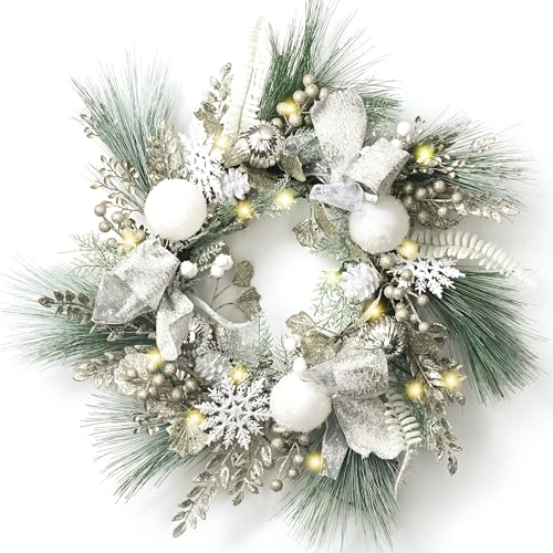 Valery Madelyn 52cm/20.5 Zoll Weihnachtskranz türkranz groß, haustür weihnachtskranz Weiß Silber, Adventskranz mit 15 Led Timer Weihnachtskugeln und Bogen für Weihnachtsdeko Feste Advent