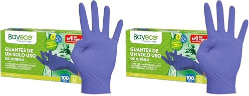 Bayeco - Guantes de un solo uso de Nitrilo - Color Azul - Ambidiestros - Terminación bordillo enrollado - Dedos texturizados para mejor agarre - Pack dispensador de 100 unidades Talla L,Paquete de 200