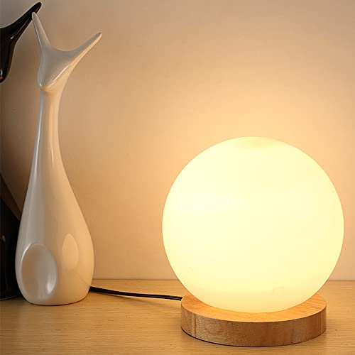 Chao Zan Tischlampe LED Leselampe im Opalglas Design Holzsockel, Schreibtischlampe Augenschutz Tageslichtlampe, E27 Fassung - max. 40 Watt, ohne Leuchtmittel (Rund)