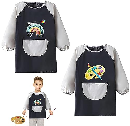 Mrracxy 2Pcs Malschürze für Kinder, Kinderschürze mit Taschen, Malkittel, Bastelschürze, Wasserdicht Kinder Malkittel für Schule Kunst Malerei, Kochen, Laboraktivität, 7-12 Jahre Junge/Mädche