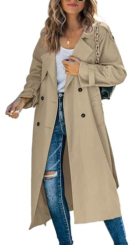 Klassischer langer Trenchcoat für Damen, Zweireiher, Revers, Langarm, winddichter Mantel mit Gürtel, A-Kaki, M