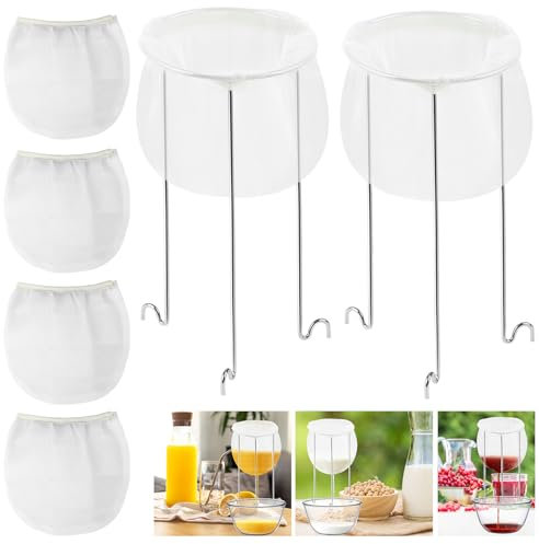 2 Pack Jelly Strainer Stand, Stainless Steel Strainer Stand with 6 Reusable Strainer Bags Yogurt Strainer Food Filter Bag Straining Bag for Straining Juice Cheese Broth Nut Milk Bag for Pans and Bowls