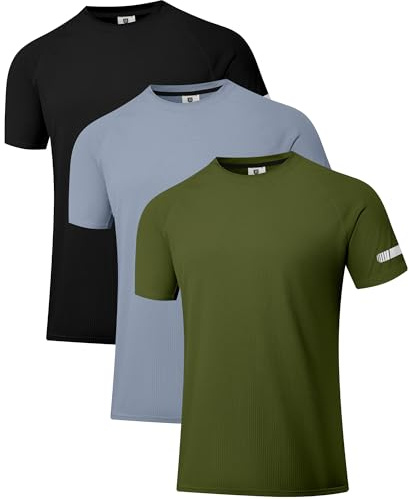 3 Pack Herren Workout Laufshirts UPF 50+ Sonnenschutz Rash Guard T-Shirts Quick Dry SPF UV Swim Short Sleeve Shirts Schwarz/Grau/Grün 02 XL