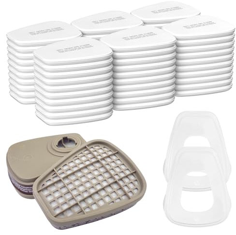 MeoZynxadril 6001 Filter für Atemschutzmaske Set, 60 Stück Filterbaumwolle, 2 Filter, 2 Abdeckkappen, Filter Gegen Organische Dämpfe, 3M Baumwollfilter Filters, Kompatibel mit 6100, 7502, 6800 usw