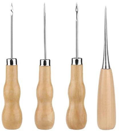 IKOPFLN Ahle Werkzeug Leder Vorstecher mit Holzgriff Ahle Werkzeug zum Nähen Ledernadel Holzgriff Locher Leder Werkzeug für Hausreparatur Holzarbeiten Schneiderarbeiten Lederarbeiten, 4 Stück