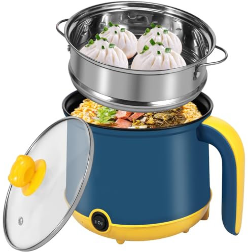 KhUkhu Olla Eléctrica Mini De 1,8 L con Rejilla para Cocinar Al Vapor Y Asa, Sartén Antiadherente De 2 Velocidades, Protección contra Sequedad, Calentamiento Rápido, Olla para Cocinar Fideos Ramen