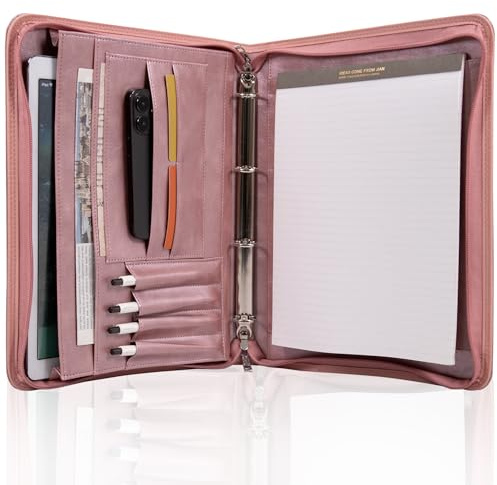 Calfinder Leichte Schreibmappe A4, PU Kunstleder mit 4-Ring Ringbuchordner, Doppeltem Reißverschluss Konferenzmappe, Klemmbrett Ringordner, Schreibmappe A4, Wasserdicht Dokumentenmappe, Roségold
