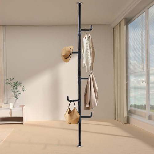 Gemsaya Teleskop-Kleiderständer | 110–310 cm, 5 Haken, ohne Bohren | Ausziehbarer Boden-Decken-Garderobenständer für Kleidung, Hüte und Taschen, platzsparend für Flur und Schlafzimmer, Schwarz