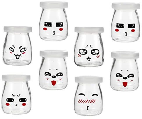 Cabilock 8pezzi Bottiglie Per Budino e Yogurt Liscio Facile Da Pulire Design Cartoni Animati Diverse Capacità Vetro Spesso Per Ragazzo Ragazza Ragazza e Conservazione Yogurt e Gelatina