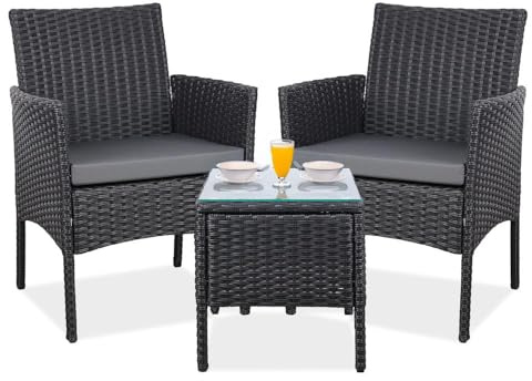 YOEVU - Set de Jardín de Ratán 3 Piezas | 2 Sillas con Cojines y Mesa de Cristal | Resistente al Agua y Sol | Ideal para Terraza y Balcón, Grande, Ratán (Antracita)