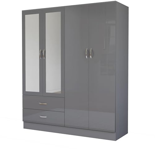 Nera Gloss Grey 4 Door Wardrobe with Drawer and Mirror 180cm for Bedrooms | Adjustable Shelves and Full Length Mirror
