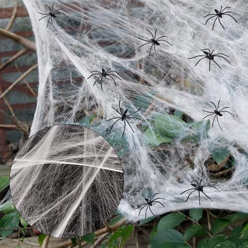 BinXiaoQin Spinnennetz Halloween Deko Outdoor 200g Spinnennetz Deko mit 40 Künstliche Spider Decoration,Spinnweben Halloween Deko,Halloween Deko Garten Fenster für Kamin,Häuser, Aussen