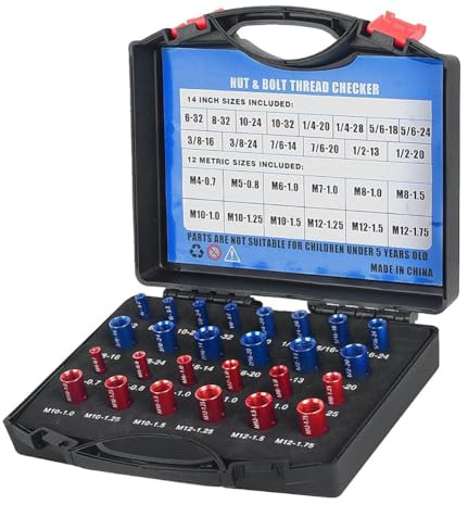 Asyduey Comprobador de Roscas de Tuercas y Pernos - Juego de Calibres Identificadores de 26 Piezas (14 Pulgadas y 12 MéTricos) Calibres de TamañO de Pernos