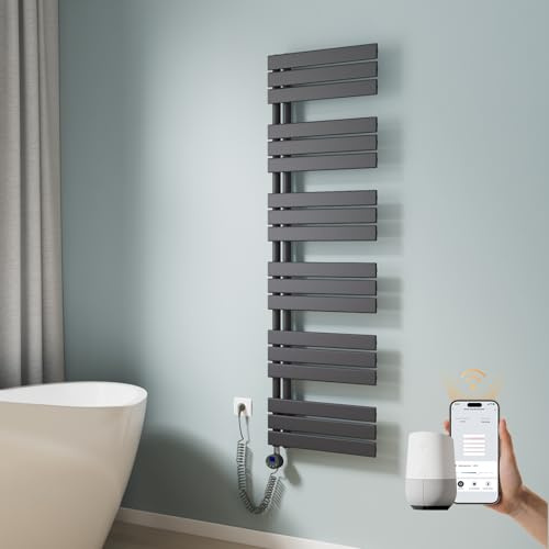 EMKE WLAN Handtuchheizkörper Elektrisch 1599x500 mm, Flach Badheizkörper Handtuchhalter Elektrisch, Elektrischer Handtuchwärmer Handtuchtrockner mit Thermostat und Heizstab, 1000W Anthrazit