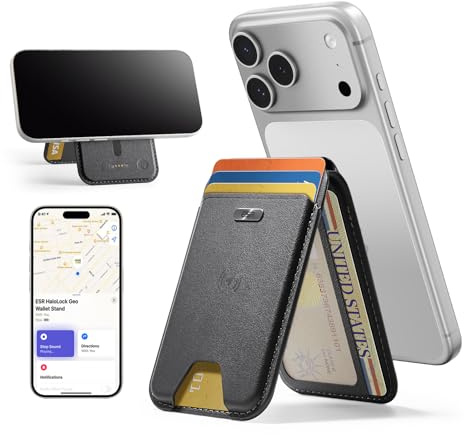 ESR für MagSafe Wallet mit Vollständiger Wo ist?-Funktion, 5-Karten-Halter | RFID-Schutz, Geo Magnetisches Wallet, Verstellbarer Ständer, für iPhone 17e/17/16/15/14/13/12 Series, Nicht für mini, Schwarz