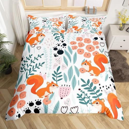 Cartoon-Eichhörnchen Bettwäsche 140x200 Kinder Blumen Bettbezug 3D Weiche Mikrofaser 3 Teilig Bettwäsche-Sets mit Reißverschluss und 2 Kissenbezüge 80x80 cm D.2895