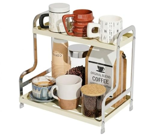 Funtabee® 2-Tier Metal Coffee Station Organiser – Stylish Coffee Bar Accessories & Condiment Storage Rack – Versatile Kitchen Counter, Bathroom & Toiletry Shelf (Cream & Silver)