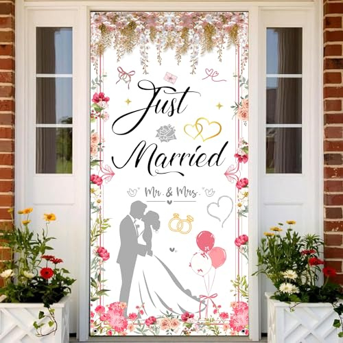 Hochzeit Deko Just Married Banner - Hochzeitsdeko Frisch Verheiratet Mr und Mrs Türbanner 185 x 90 cm, Stoff Hintergrund Wand Garten Dekoration für Brautdusche Party (Rosa)