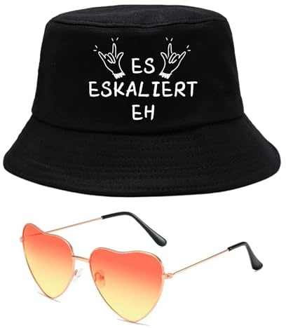 Es Eskaliert Eh Fischerhut + Herz Sonnenbrille Set Lustiger Anglerhut Für Mallorca Party Outfit Accessoires, Karneval - Cooles Party Festival Outfit Damen Herren,Festival Outfit Bucket Hat Hut Schwarz
