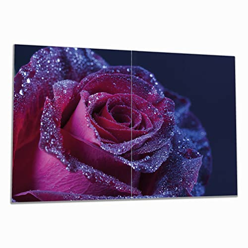 Wallario Herdabdeckplatte/Spritzschutz aus Glas, 2-teilig, 80x52cm mit 8 mm hohen Füßen, für Ceran- und Induktionsherde, Rote Rosenblüte im Regen