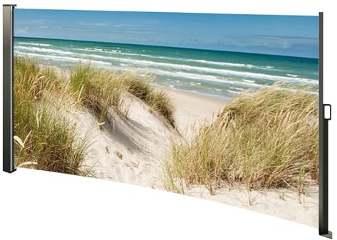 Seitenmarkise ausziehbar, Markise mit Fotodruck OSTSEE, 160 cm hoch, Seitenrollo mit Fotodruck, Auszug rechts, Sicht- und Sonnenschutz für Terrasse und Garten, Auszugslänge ca. 280 cm