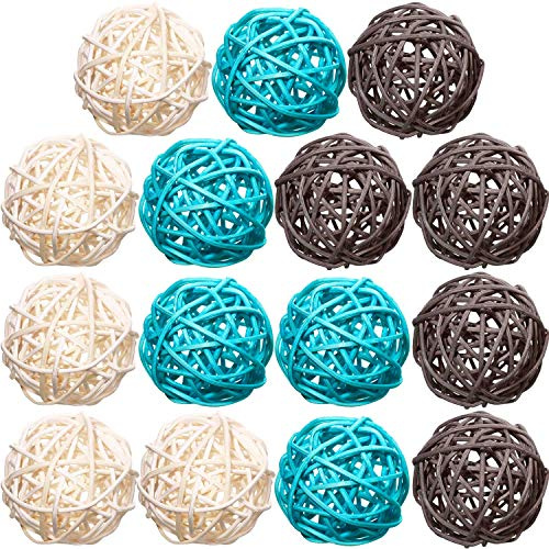 Yaomiao 15 Pieces Wicker Rattan Balls Decorative Orbs Vase Fillers for Craft, Party, Wedding Table Decoration, Aromatherapy Accessories, 1.8 Inch(Light-Blue White Gray)