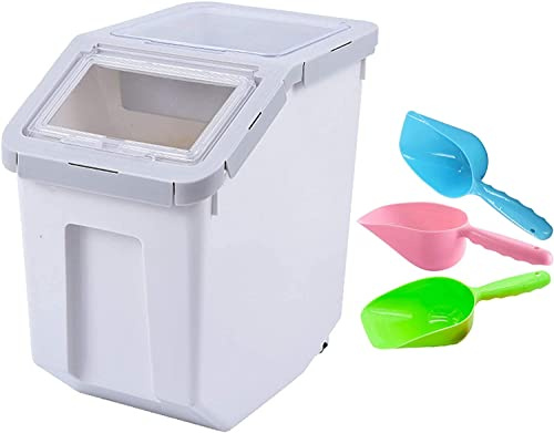 Uotyle 10KG Plastic Food Storage Container Box with Lid & Wheels – Large Airtight Pet & Kitchen Organizer Bin for Dog & Cat Food, Flour, Cereal, Includes Measuring Cup & Scoop 8L-10L (Grey Large)