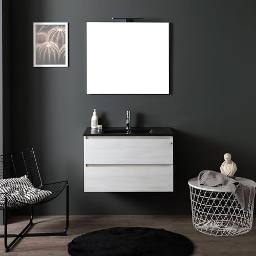 Kiamami Valentina Mobile Bagno Sospeso 80 Cm Bianco Legno Lavabo Nero Opaco