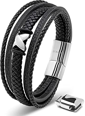 SERASAR Premium Lederarmband für Männer | Magnetverschluss aus Edelstahl in Schwarz, Silber & Gold | Inklusive Schmuckschachtel | Tolle Geschenkidee