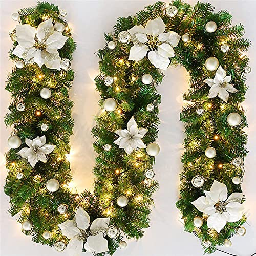 JIAJIAYI Weihnachtskranz mit LED Lichterkette Beleuchtung 270cm Weihnachtsgirlande künstlich Weihnachten Girlande Weihnachtsdeko Weihnachten,Weihnachtsgirlande Türkranz Innen und Außen (Silber)