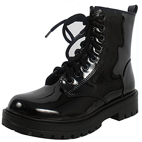 Soda Women's Combat Lace Up Ankle Boot, Black Patent, 7.5 M US