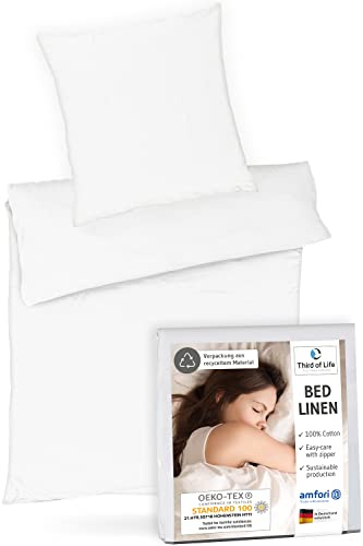 Third of Life Nino Parure de lit 100% Coton Oekotex | Linge de lit Renforcé Super Doux et Moelleux | Conçu en Allemagne | Housse de Couette 155x220 & taie d'oreiller 80x80 | Set de 2 pièces, Blanc