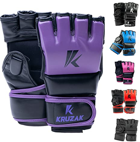Kruzak MMA Gloves, Men and Women’s Half-Finger Boxing Mitts, Hand Wraps with Open Palms for Grappling, Kickboxing, Sanda, Sparring, Muay Thai (S/M, Puple)