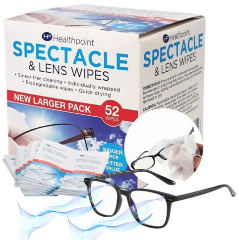 Healthpoint Glasses Wipes & Blue Light Blocking Glasses - 520 Individually Wrapped Lens Wipes - Also Suitable for Cameras, Binoculars & Smartphone Screens (10 Extra Value Packs of 52 = 520 Wipes)